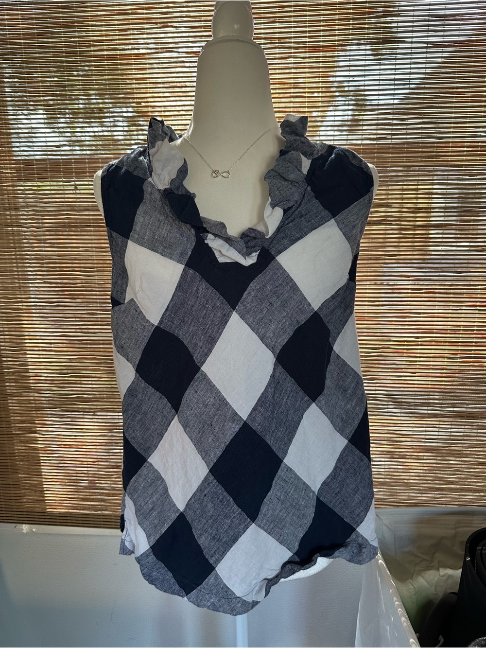 Crown and Ivy Navy and White Check Ruffle Neck Sleeveless Top